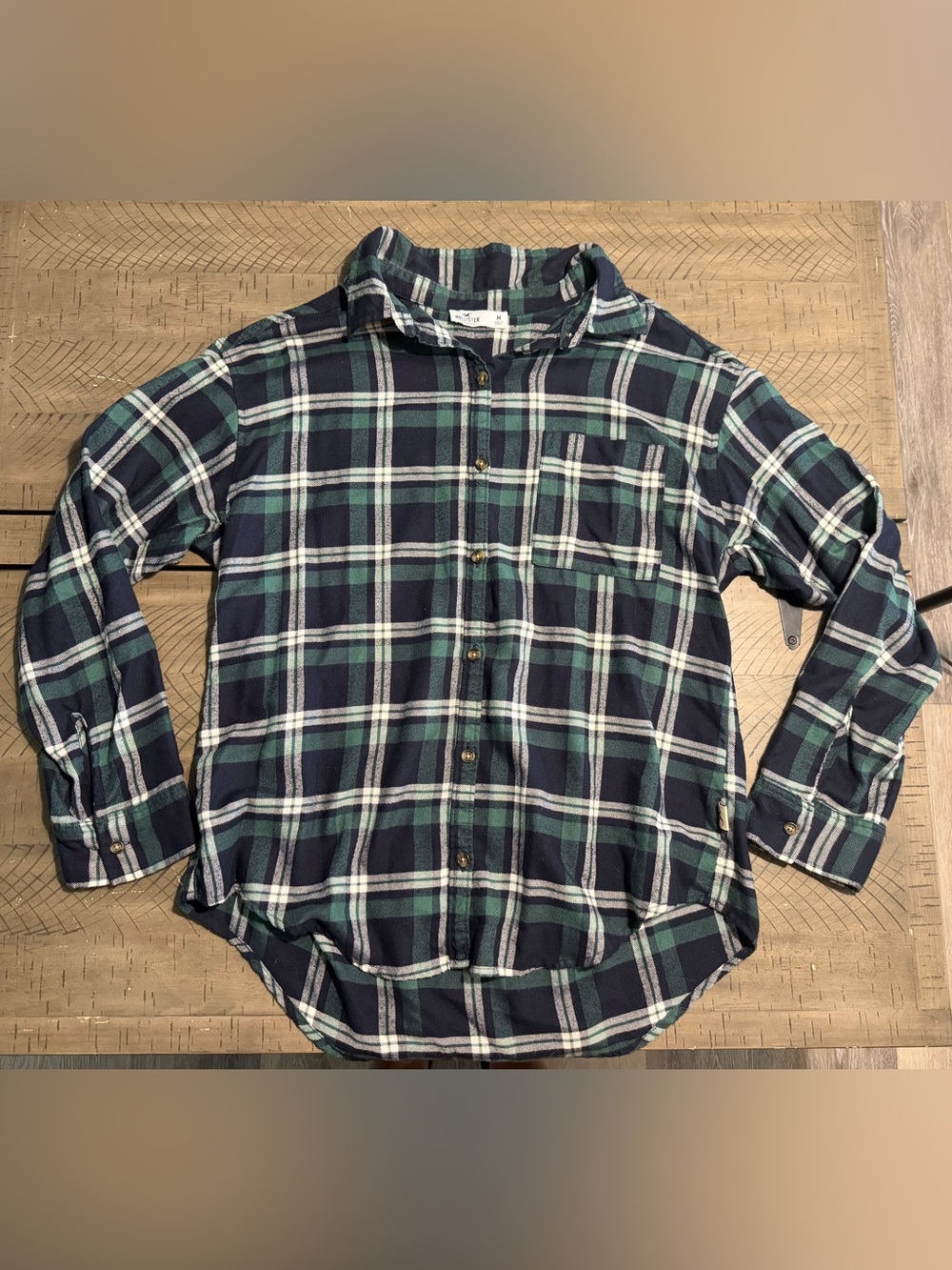 Hollister Navy & Green Plaid Long-Sleeve Button-Down